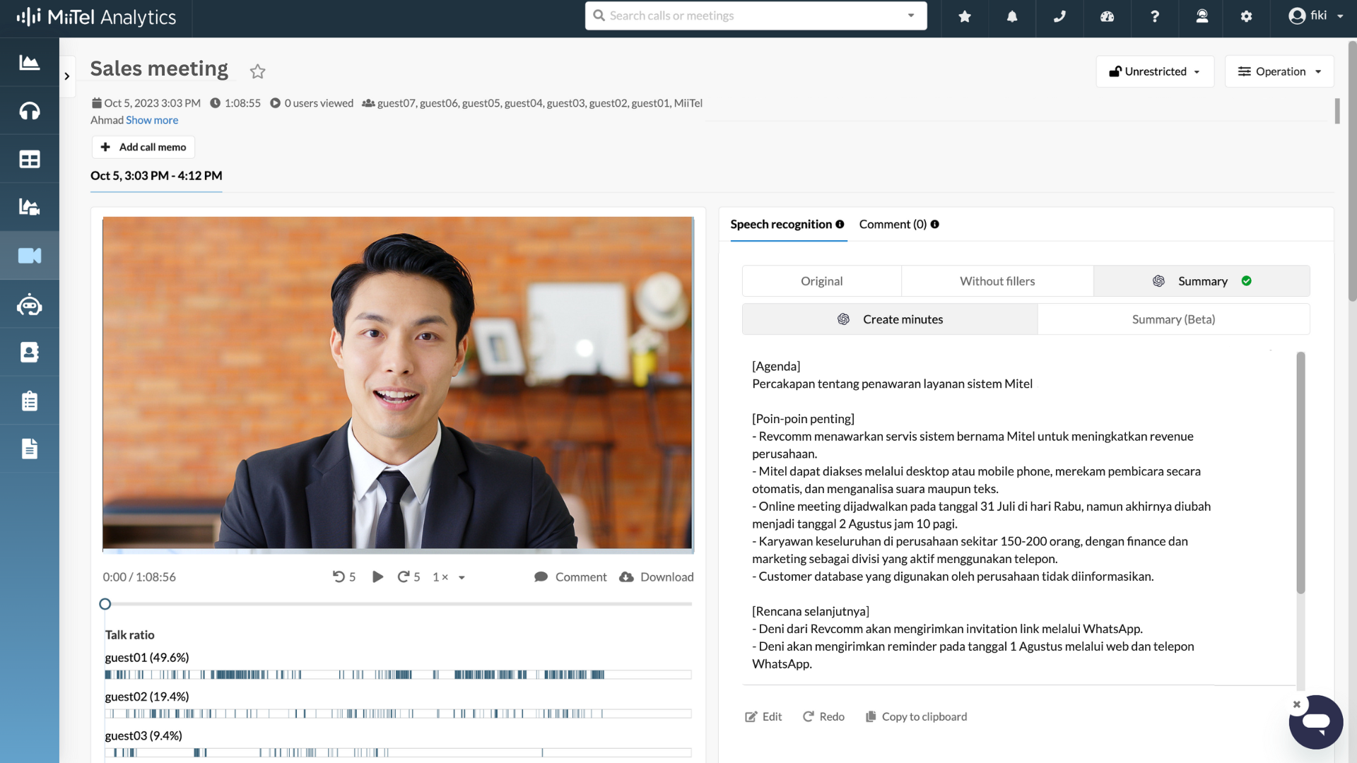 MiiTel Meetings transkrip dan buat MoM otomatis